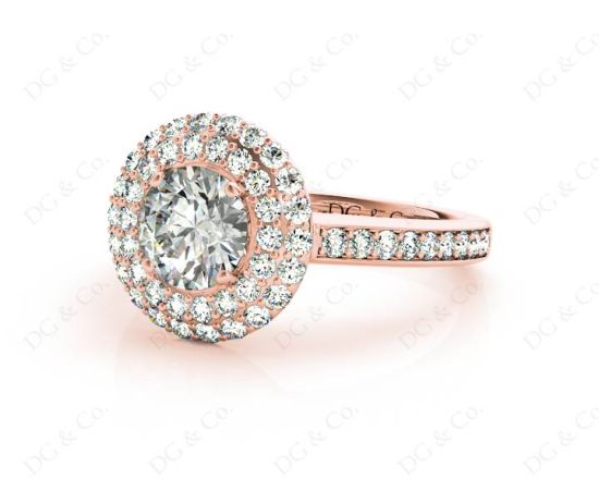 Round Cut Double Halo Diamond Engagement ring with claw set centre stone in 18K Rose