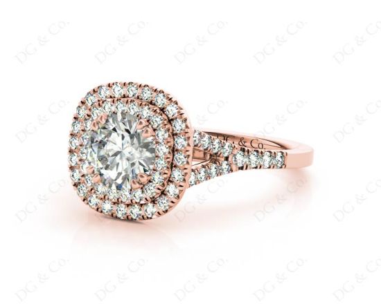 Round Cut Split Shank Diamond Engagement Ring with Double Halo and Pave Set Side Stones in 18K Rose