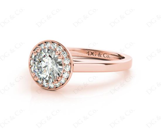 Round Cut 4 Prong Set Diamond Ring with Halo and Plain Tapered Band in 18K Rose