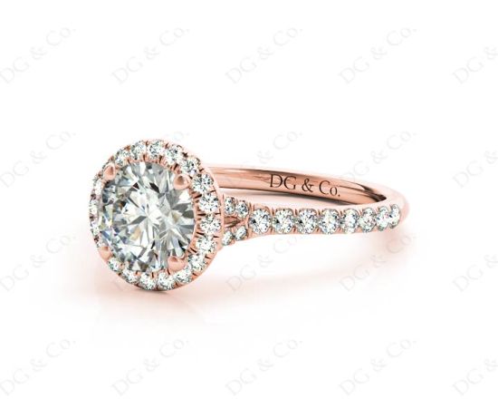 Round Cut Diamond Ring With Round Cut Diamonds Scallop Set on the Halo and Down the Shoulders. in 18K Rose