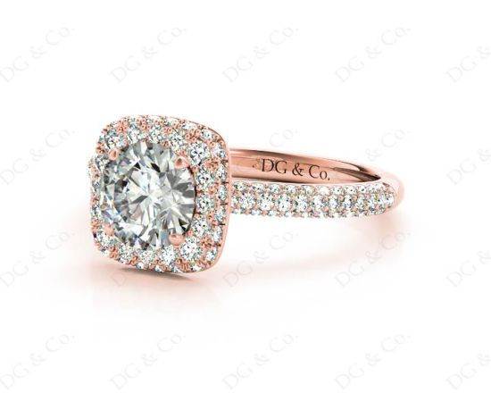 Round Cut Diamond Ring with Micro Pave Set Diamonds on Halo and Down the Shoulders in 18K Rose