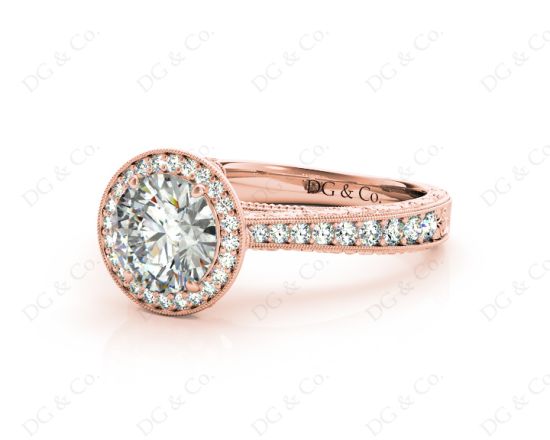 Round Cut Halo Vintage Diamond Engagement Ring With Claw Set Centre Stone in 18K Rose