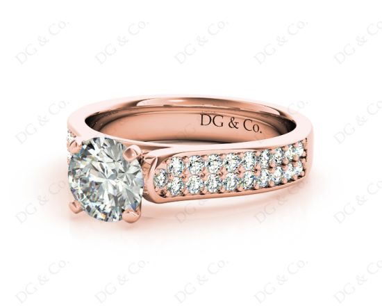 Round Cut Four Claws V Set Diamond Ring with Pave Set Side stones in 18K Rose