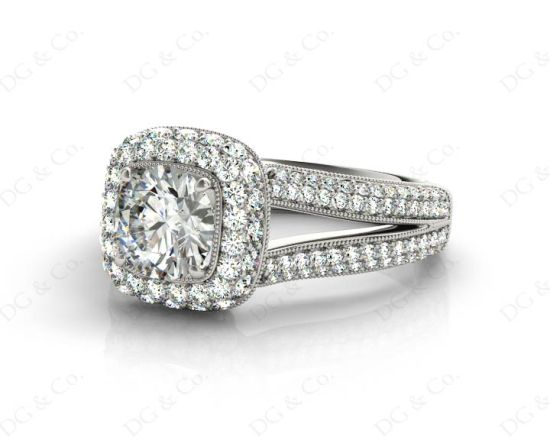 Round Cut Split Shank Milgrain Halo Engagement Ring with Micro Pave Set Diamonds on the Halo and Sidestones in Platinum