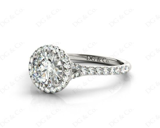 Round Cut Diamond Ring With Round Cut Diamonds Scallop Set on the Halo and Down the Shoulders in Platinum