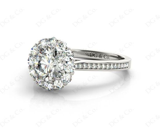 Round Cut Flower Halo Diamond Ring with a Claw Set Halo and Pave Set Side Stones in Platinum