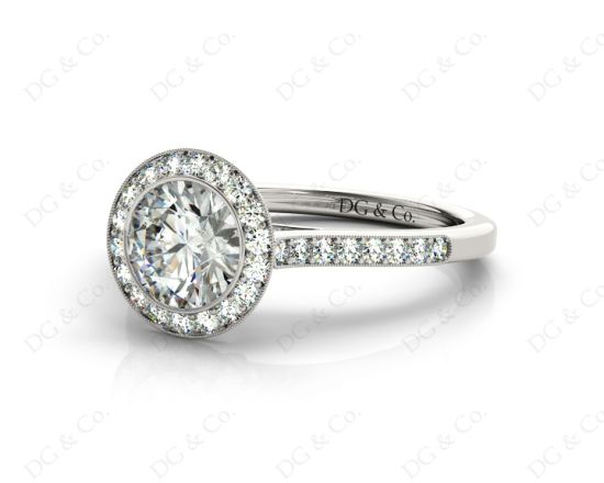 Round Cut Halo Diamond Ring with Bezel Set Centre Stone in Platinum