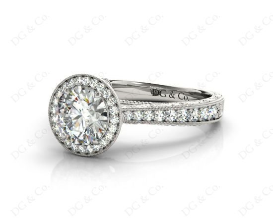 Round Cut Halo Vintage Diamond Engagement Ring With Claw Set Centre Stone in Platinum