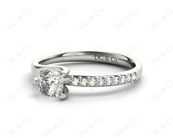 Cushion Cut Diamond Ring with Three Prong Set Centre Stone and Pavé Set Side Stones in Platinum