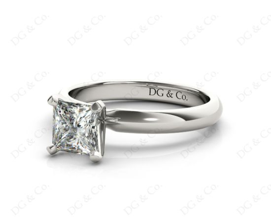 Princess Cut Classic Four Claws Diamond Solitaire Ring with Half Round Edge Shoulders in Platinum
