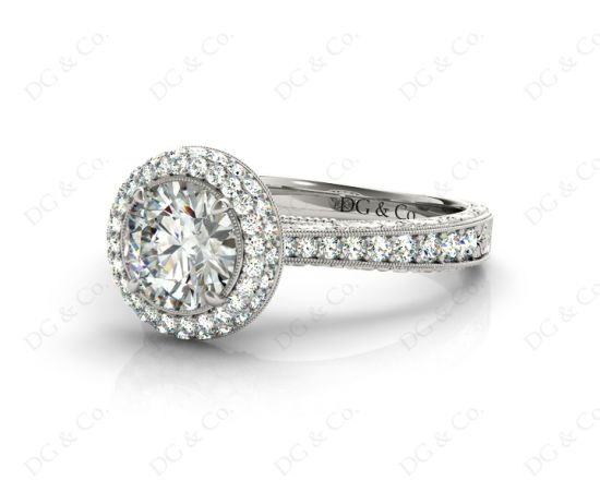 Vintage Style Double Halo Round Cut Diamond Engagement Ring With Claw Set Centre Stone in 18K White