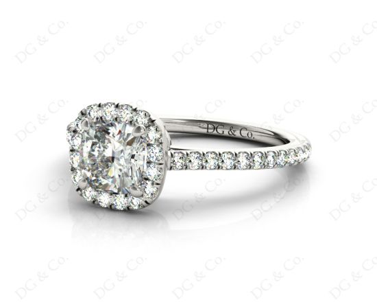 Cushion Cut Halo Diamond Engagement Ring with Claw Set Centre Stone with Pave Set Side Stones in 18K White