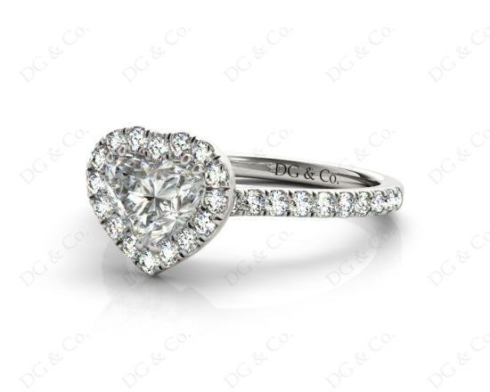 Heart Shape Cut Halo Diamond Engagement Ring with Claw set centre stone and Pave Side Stones in 18K White