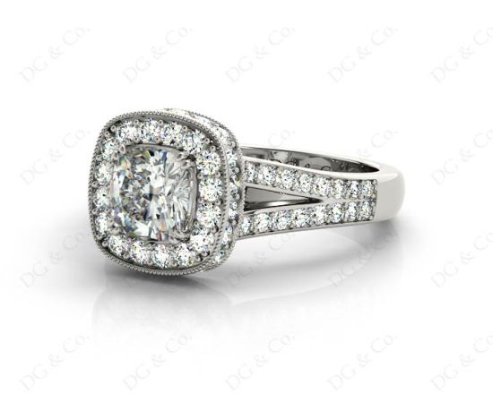 Cushion Cut Halo Ring with Milgrain claw set centre stone in Platinum