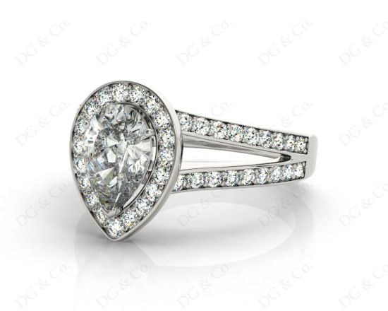 Pear Shape Halo Diamond ring with claw set centre stone in Platinum