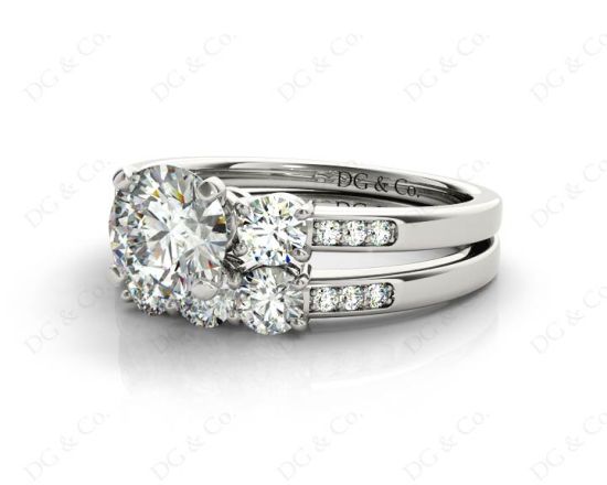 Round Cut Diamond trilogy wedding set rings with claw set side stone in Platinum