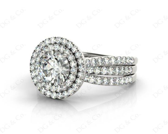 Round Cut Double Halo Diamond Engagement ring with claw set centre stone in 18K White