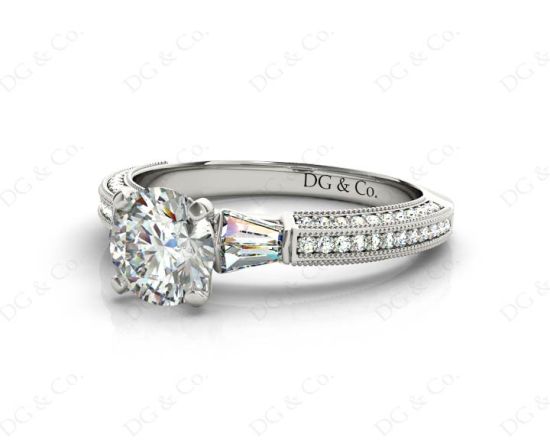 Vintage Style Round Cut Four Claw Diamond Ring with Pave Milgrain Set Side Stones In Platinum