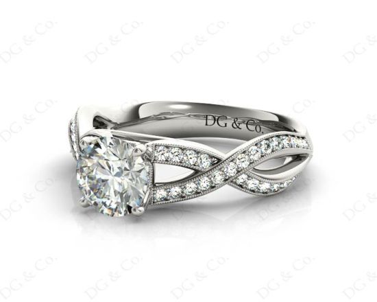 Twist Band Round Cut Four Claw Set Diamond Ring with Pave Set Stones Down the Shoulders In  18K White