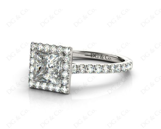 Princess Cut Halo Diamond Engagement Ring with Claw set centre stone in 18K White