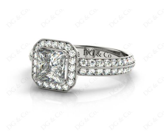 Princess Cut Halo Ring with Milgrain Claw Set Centre Stone in 18K White