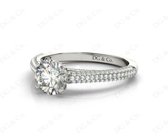 Vintage Style Round Cut Four Claw Set Diamond Ring with Micro Pave Set Stones Down the Shoulders In Platinum