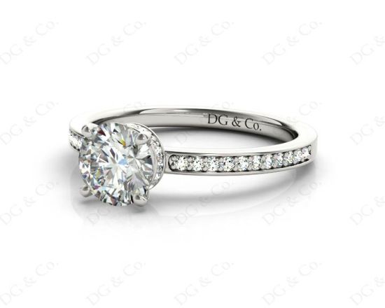 Round Cut Four Claw Set Diamond Ring with Round Share Prong Set Side Stones in 18K White