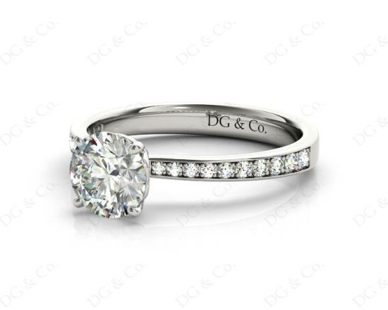 Round Cut Four Claw Set Diamond Ring with Round Cut Diamonds Pave Set Down the Shoulders in Platinum