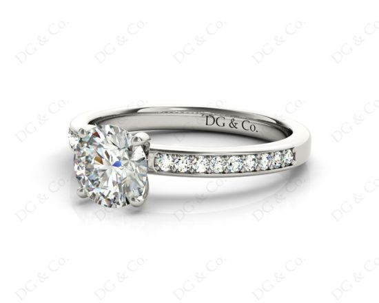 Round Cut Four Claws Diamond Engagement Ring with Pave Set Side Stones in 18K White Gold