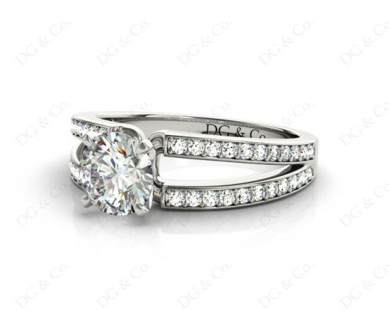 Round Cut 4 Claw Split Shank Engagement Ring with Grain Set Side Stones in 18K White