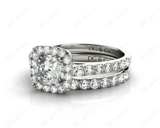 Cushion cut halo diamond wedding set rings with four claw setting in 18K White