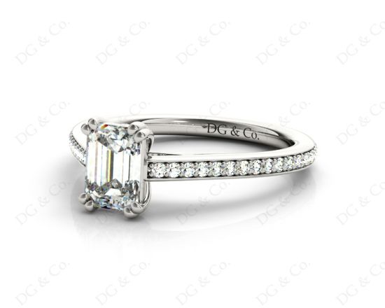 Emerald Cut Four Prongs Diamond Ring with Channel Set Side Stones in 18K White