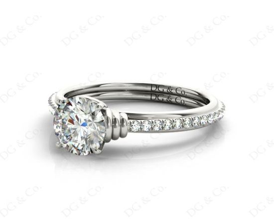 Round Cut Four Claw Set Diamond Ring with Pave Set Diamonds on the Band in 18K White