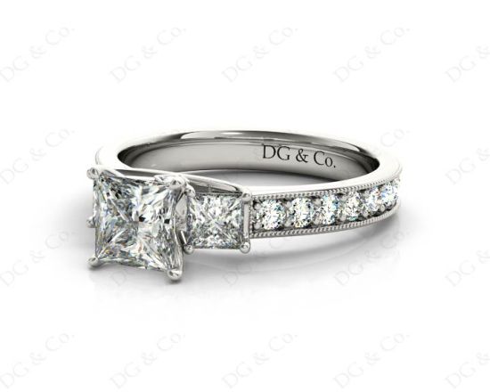 Princess Cut Trilogy Ring with Milgrain set shoulder diamond in Platinum