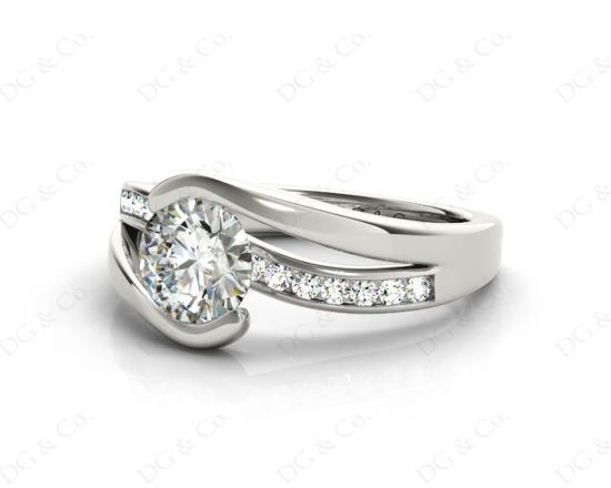 Round Cut Cross Over Ring Half Bezel Set Diamond Engagement Ring with Channel Set Side Stones in 18K White