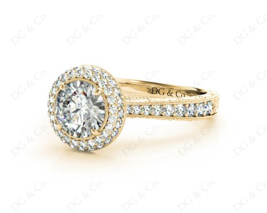 Vintage Style Double Halo Round Cut Diamond Engagement Ring With Claw Set Centre Stone in 18K Yellow