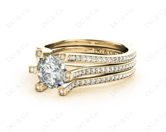 Round Cut Six Claws Diamond Signature Ring with Channel set  Down in the Shoulders in 18K Yellow