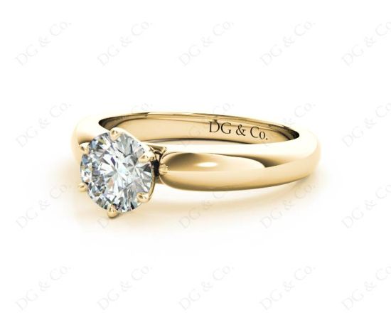 Round cut classic diamond solitaire ring with six claws setting in 18K Yellow