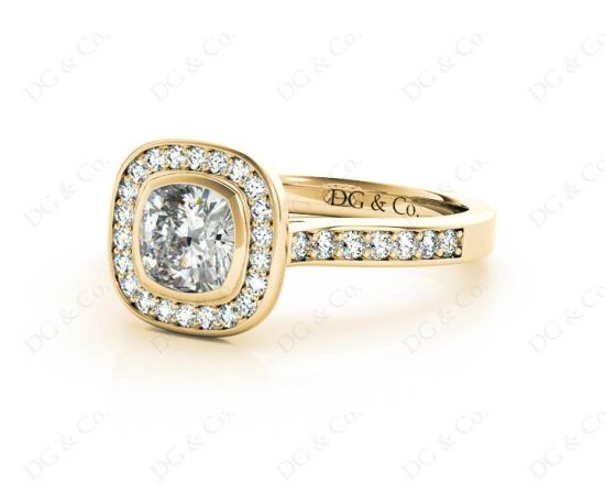 Cushion Cut Halo Ring with Bezel set centre stone with Side Stones in 18K Yellow