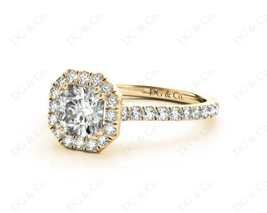 Cushion Square Cut Halo Diamond Engagement Ring with Claw Set Centre Stone in 18K Yellow