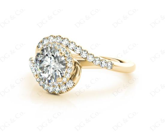 Round Cut Halo Diamond Cross Over Engagement ring with claw set centre stone in 18K Yellow