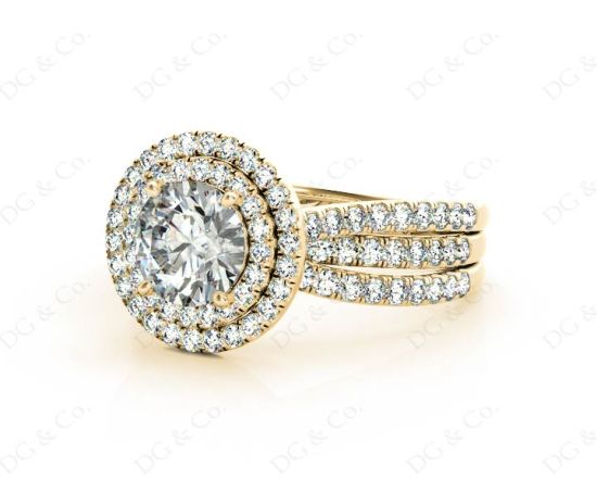 Round Cut Double Halo Diamond Engagement ring with claw set centre stone in 18K Yellow