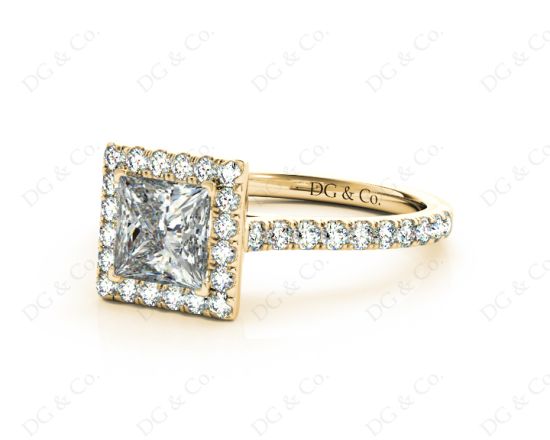 Princess Cut Halo Diamond Engagement Ring with Claw set centre stone in 18K Yellow