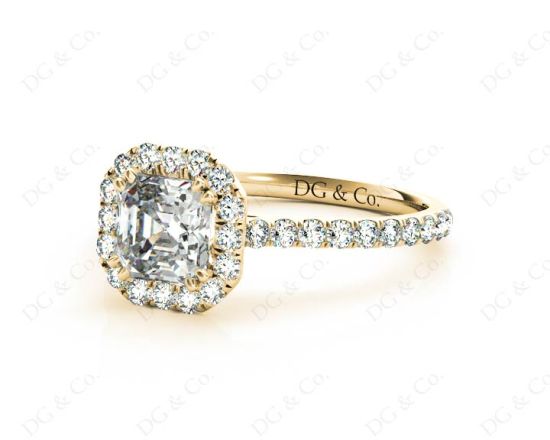 Asscher Cut Halo Diamond Engagement Ring with Claw set centre stone in 18K Yellow