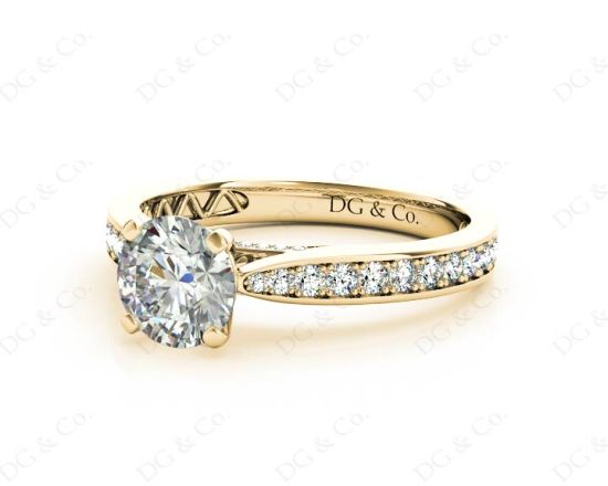 Round Cut Four Claw Set Diamond Ring with Pave Set Stones Down the Shoulders and on Both Sides in 18K Yellow