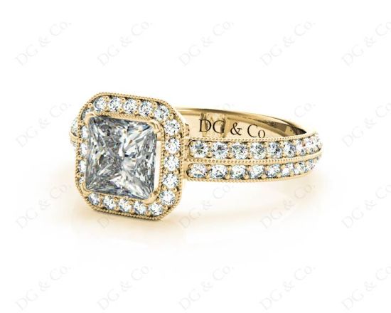 Princess Cut Halo Ring with Milgrain Claw Set Centre Stone in 18K Yellow