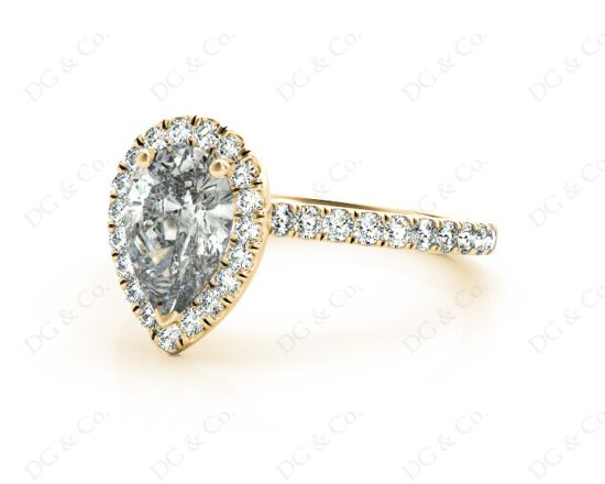 Pear Cut Halo Diamond Engagement Ring with Claw Set Centre Stone in 18K Yellow