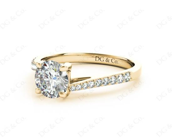 Round Cut Four Claw Set Diamond Ring with Pave Set Diamonds Down the Shoulders in 18K Yellow