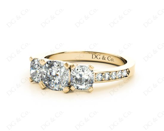 Cushion Cut Trilogy Ring with Channel Set Shoulder Diamonds in 18K Yellow