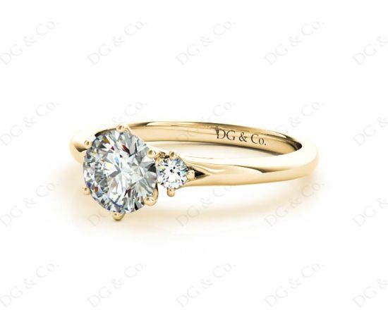 Round Cut Claw Set Trilogy Diamond Ring with Plain Band in 18K Yellow